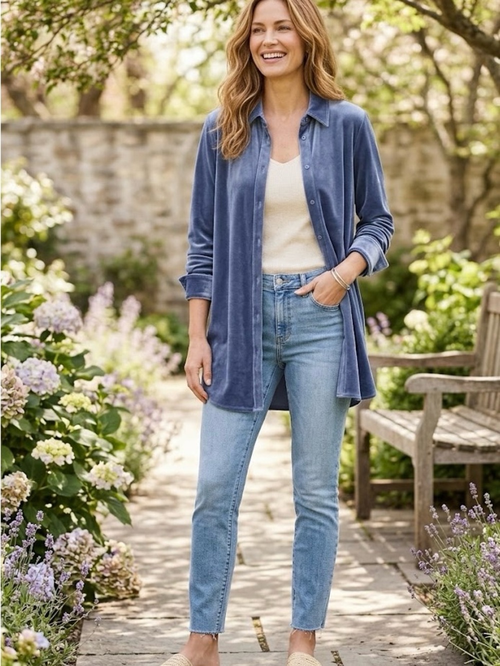 Soft Surroundings Blue Velvet Button Down Tunic Shirt-Size M